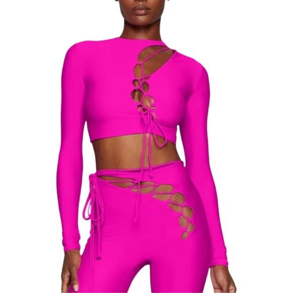SKIMS BarbieCore Fuchsia Pink Long Sleeve Lace-Up Top - Size 3X - Picture 1 of 5